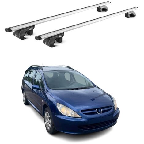 OMAC Barres de toit aluminium certifiées TÜV pour Peugeot 307 Break 2001-2008 – Pour rails de toit standards – Rainure en T – Charge max 90 kg – 2 antivols Argent (1/4)