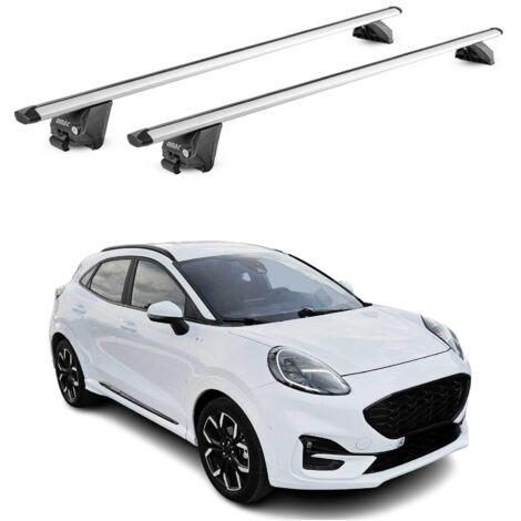 OMAC Barres de toit aluminium certifiées TÜV pour Ford Puma 2019-2026 – Pour rails de toit intégrés – Rainure en T – Charge max 100 kg – 2 antivols Argent (1/4)