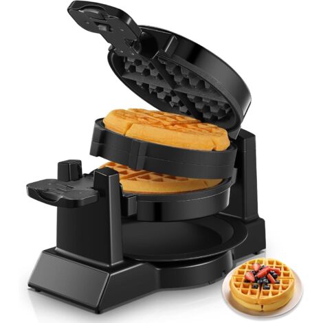 Gaufrier belge double 1400 W, rotation à 180°, 8 tranches en 3 min, plaques rotatives antiadhésives, protection anti-brûlure, bac récupérateur de graisse amovible et facile à nettoyer, poignée isolant