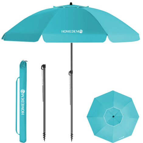 HOMEDEMO Parasol Plage Inclinable avec Revêtement Argenté, Protection Solaire UV50+, avec Pied d'Ancrage à Visser & Housse de Protection, pour Terrasse, Piscine, Marché, 200cm, Bleu turquoise