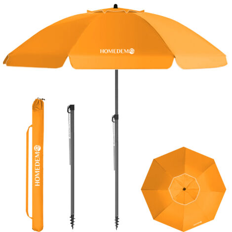 HOMEDEMO Parasol Plage Inclinable avec Revêtement Argenté, Protection Solaire UV50+, avec Pied d'Ancrage à Visser & Housse de Protection, pour Terrasse, Piscine, Marché, 200cm, Orange