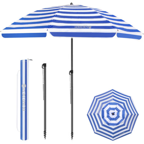 HOMEDEMO Parasol Plage Inclinable avec Revêtement Argenté, Protection Solaire UV50+, avec Pied d'Ancrage à Visser & Housse de Protection, pour Terrasse, Piscine, Marché, 200cm, Bleu et Blanc