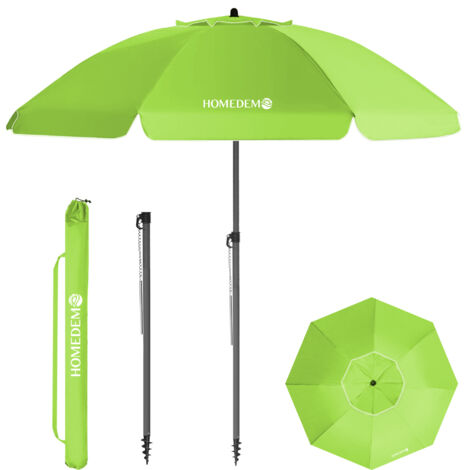HOMEDEMO Parasol Plage Inclinable avec Revêtement Argenté, Protection Solaire UV50+, avec Pied d'Ancrage à Visser & Housse de Protection, pour Terrasse, Piscine, Marché, 200cm, Vert clair