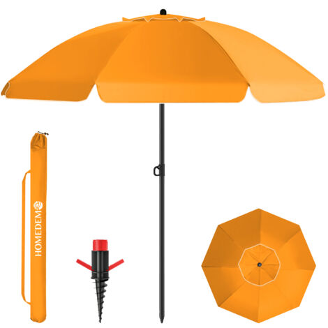 HOMEDEMO Parasol Plage Inclinable avec Revêtement Argenté, UV50+, avec Pieds de Parasol de Plage à hélice à Visser & Housse de Protection, pour Terrasse, Piscine, Marché, 200cm, Orange (1/5)