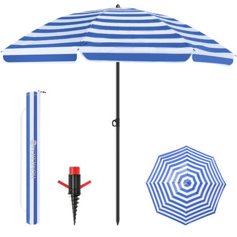 HOMEDEMO Parasol Plage Inclinable avec Revêtement Argenté, UV50+, avec Pieds de Parasol de Plage à hélice à Visser & Housse de Protection, pour Terrasse, Piscine, Marché, 217cm, Bleu clair