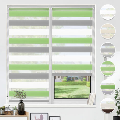 HOMEDEMO Store Enrouleur Jour Nuit sans Perçage, Double Tissu avec Clips, Rideau Occultant pour Fenêtre & Porte, 85l x 130L cm, Largeur du Tissu 85cm, Vert-Gris-Blanc