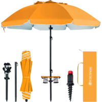 HOMEDEMO Parasol de Jardin Exterieur Inclinable, Parasol de Plage avec Table Pliante & Pieds de Parasol à hélice à Visser & Housse de Protection, UV50+, pour Terrasse, Plage, 217cm, Orange avec table