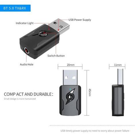 Adaptateur USB Bluetooth 5.0,Clé Bluetooth,Adaptateur Bluetooth Récepteur émetteur Audio 5.0 avec Câble Audio de 3,5 mm pour PC/TV/Voiture/Haut-parleurs/MP3/Système Audio Domestique/Casque