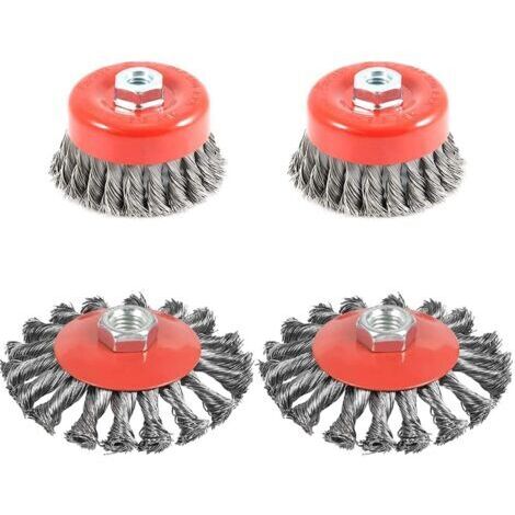 4pcs Brosse Métallique Nettoyage, Brosse Conique pour Meuleuse d'angle, Brosse de Ponçage en acier Torsadé, Diamètre de 75 mm et 100 mm, M14 (1/5)