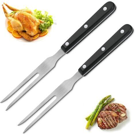Fourchette à Viande avec Manche en Bois 2 Pièces Acier Inoxydable Barbecue Longue Découper Forgée pour Dindes, Steaks, Rôtis et Cuisines, Universal, Argent, Noir (1/5)