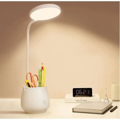 Lampe de bureau pour dortoir de bureau à domicile, petite lampe de bureau LED rechargeable avec support pour stylo/téléphone, petite lampe de bureau Eye Care, 3 modes d'éclairage de couleur, veilleuse