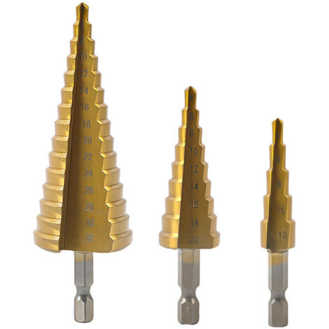 Foret étagé , Hex Tige Foret Bits 4-12mm / 4-20mm / 4-32mm Titanium Métal Éclaté Éplucheur Bits Ensembles Bits Cone Bits 3 pcs (1/4)