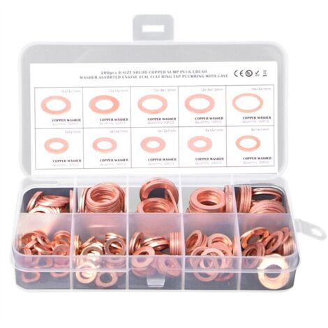 Kit D'Assortiment de 200 Rondelles MéTriques en Cuivre pour Joints Toriques Rondelle D'éTanchéIté Plate 9 Tailles M5 M6 M8 M10 M12 M14 (1/4)