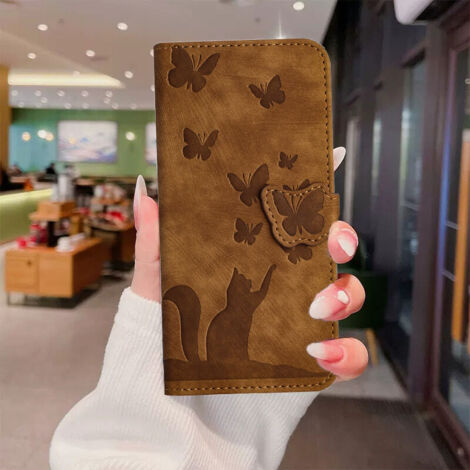 Étui de protection adapté pour iPhone15PROMAX, avec fente pour carte, motif chat et papillon marron (1/4)