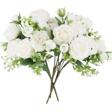 3pcs Fleurs Artificielles Bouquets de Pivoines Faux Pivoine en Soie Decoration pour Maison Mariage Bureau Fête Chambre,15 fleurs de pivoine， Blanc