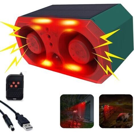 Alarme solaire extérieure avec détecteur de mouvement : alarme sonore pour chien aboiement avec 2 détecteurs de bruit de 130 dB, 4 modes de travail, alarme de tir d'aboiement de chien, prend en charge (1/5)