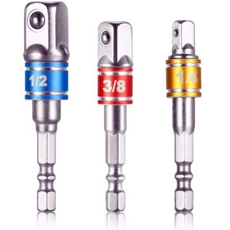 Lot de 3 adaptateurs de douilles à choc 1/4' 3/8' 1/2' – Acier chrome-vanadium traité – Verrou à bille pour ajustement serré (1/5)