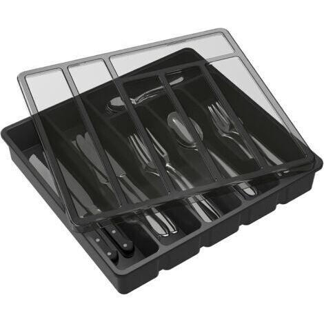 Range Couverts pour Tiroir avec Couvercle, Boîte de Rangement Couverts de Cuisine, Organisateur de Couverts en Plastique, Boîte de Rangement Couverts pour Tiroir de Cuisine et Comptoir, 6 Compartiment (1/5)