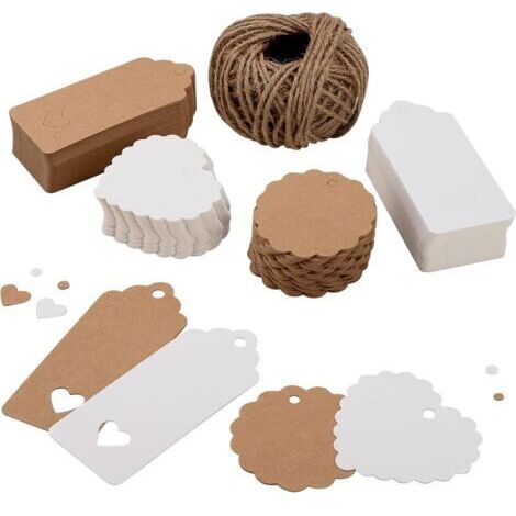 Étiquette cadeau 200PCS étiquette en papier kraft de brun et blanc,Étiquettes vierges en rectangulaire en forme de cœur de ronde,étiquette pour mariage cadeau Noël party,26m Ficelle de jute (1/5)