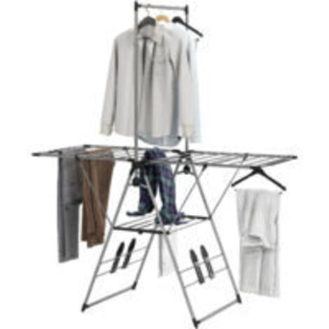 Étendoir à linge pliable avec rallonges réglables et porte-chaussures, acier inoxydable, 156,5 x 68 x 192 cm, argent (1/4)