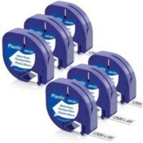 Lot de 6 rubans compatibles Dymo LetraTag 12mm x 4m – Plastique noir sur blanc – Résistants à l'eau et à l'huile – Pour étiqueteuses LT-100H LT-100T 200B (1/4)