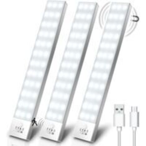 Lampe de Placard Lot de 3, 5000K USB Sans Fil LED Lampe de Placard Détecteur de Mouvement Rechargeable Lamp Led Aimant Intégré Veilleuse pour Armoire Placard Escalier Cuisine Couloir-23cm (1/4)