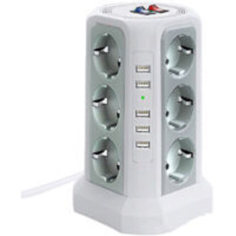 Multiprise tour parafoudre 12 prises CA et 5 ports USB – Protection 1500J – Câble 2m en PC ignifuge et ABS – Interrupteurs individuels