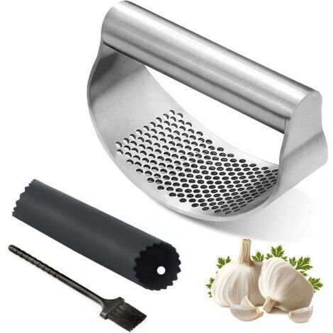 Presse-ail à bascule en acier inoxydable - Outil de hachoir à ail Broyeur à ail portable Coupe-gingembre Coupe-presse à ail - Tube d'éplucheur d'ail en silicone et brosse de nettoyage Gadgets de cuisi (1/5)