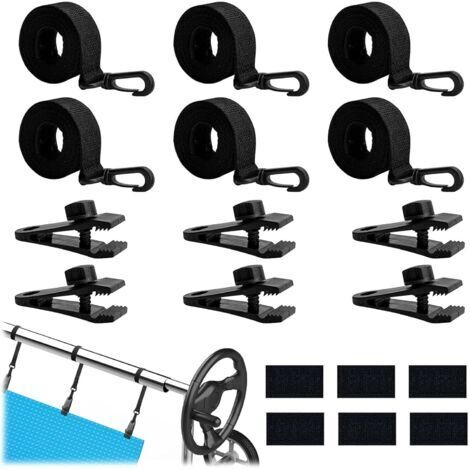 Kit de fixation pour enrouleur de couverture solaire de piscine (18 pièces) comprenant 6 sangles réglables avec crochets, 6 pinces de fixation et 6 attaches auto-agrippantes