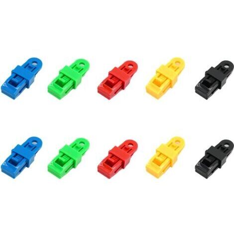 Jeu de 10 Pince pour bache,Clips/Attache /tendeur Elastique de bache,poignée de Verrouillage Robuste et réglable pour bâche et Toile d'ombrage(10pc)noir, jaune, vert, bleu, rouge (1/5)