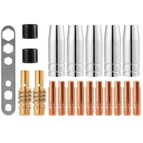 20 Pcs Embouts de Contact de Buse de Soudage 15AK MIG/MAG Ensemble de Support de Connecteur de Gaz M6 0,8x25mm (10 x Contact, 5 x Buse, 2 x Connecteur, 2 x Isolant, 1 x Outil)