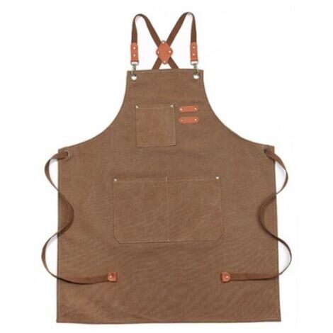 1PC Brun Tablier à brets en denim imperméable amélioré, tablier en denim réglable avec poches et brets croisées (1/4)