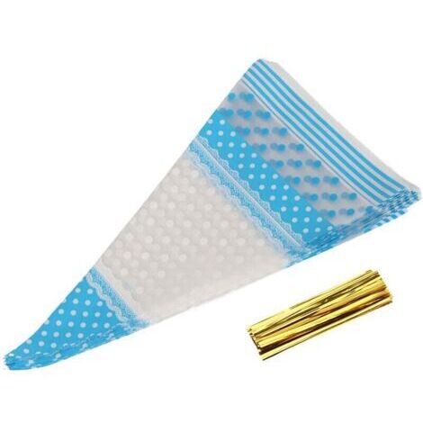 50 sachets de pop-corn transparents en forme de cône, sachets de friandises en cellophane avec lien torsadé bleu (1/4)