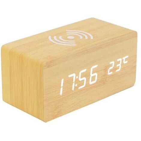 Thermomètre Numérique Réveil Réveil Numérique Bois Réveil À Bois LED Digital avec Chargeur sans Fil, Réveil en Bois avec Chargeur À Induction Chargeur sans Fil pour Chambre/Bureau (1/4)