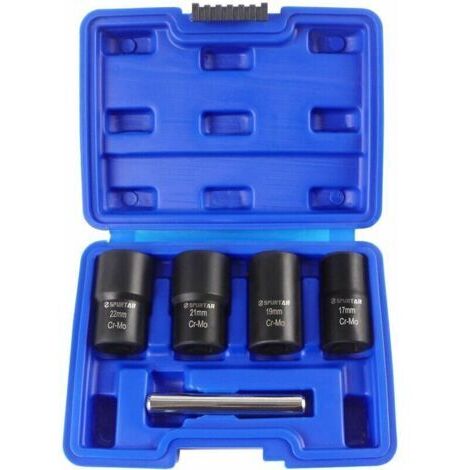 Coffret de douilles extracteurs de vis jeu de 5 douilles torsadées pour retirer les écrous de roue 17 mm, 19 mm, 21 mm et 22 mm, HANBING (1/4)