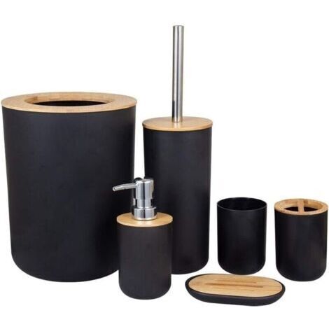 Accessoires salle bain Set Porte-brosse dents Bambou Comptoir en bois Autoportant Distributeur savon Tasse cuisine Brosse toilette Salon Poubelle conomie d\'espace Douche Maison Htel Plat(Noir) (1/4)