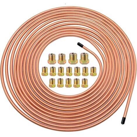 Tuyau de Frein en Cuivre 25ft/7,62m Ø 4.75mm, Kit de Conduite Générale de Frein Replacement, Auto Tube Tuyau de Carburant Frein, 3/16" de Rechange pour Automobile avec 16 Raccords (1/4)