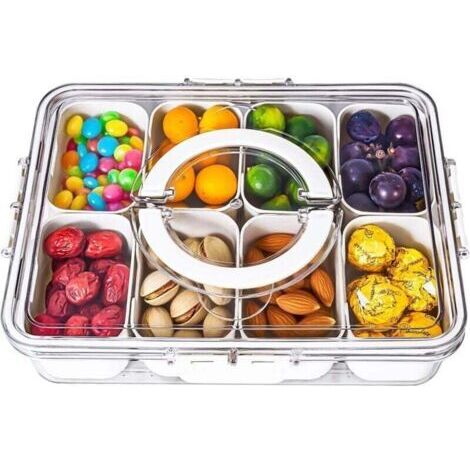Boîte à goûter à l'unité, tiroir compartimenté avec couvercle et poignée, tiroir à 8 compartiments amovibles, boîtes à goûter réutilisables pour épices, bonbons, fruits, noix, chips et sauces (1/4)