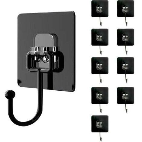 Lot de 10 Cochet Adhésif Mural(Maximum 30 kg) - Noir - Étanche et Sans Trace - Fixation Murale Sans Percer Pour Salle de Bain, Plafond, Crochet Mural, Ustensiles de Cuisine, Clés, Sac à Dos (1/4)