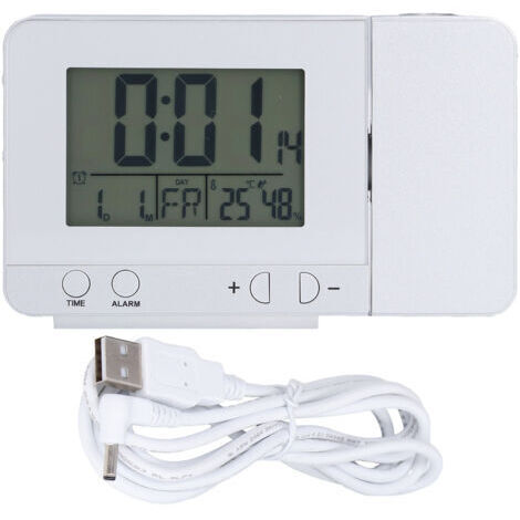 Réveil à Projection, Radio-réveil Numérique avec Projecteur Plafond Rotatif à 180° avec Station Météo, Thermomètre sans Fil, Répétition D'alarme Double, Chargeur Téléphone USB, 4 Modes Lumino