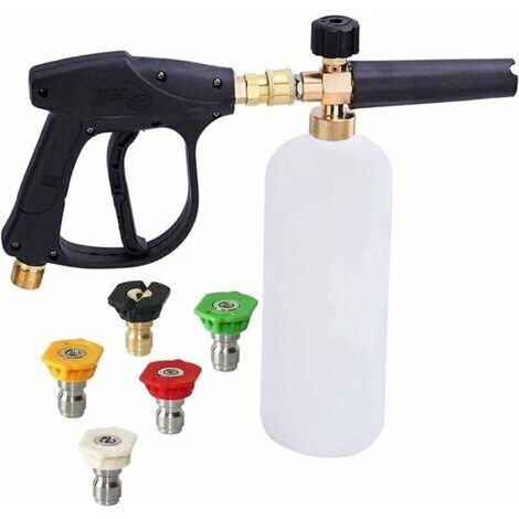 Vtizikl Pistolet à Haute Pression Cannon à Mousse, 1L Réglable 1/4" Rapide Lance de Mousse de Neige Distributeur de Savon Bouteille avec 5 Buses et Pistolet Lance en Mousse pour Lavage de Voiture