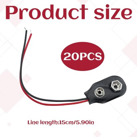 20 Connecteur Pile 9V, Câble 150mm, Fils Dénudés, Type I, Noir, Pour