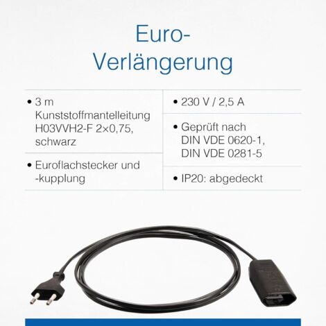 1 Rallonge électrique 3 m, Fiche plate européenne, Prise européenne 230 ...