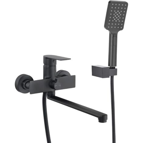 Robinet de baignoire mural en laiton noir avec pommeau de douche et bec long (30 cm).