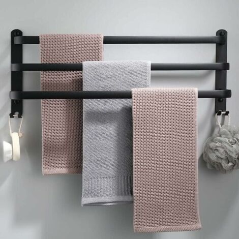 Porte-Serviettes Mural en Aluminium - 3 Étages - Avec Crochets - 60 cm - Étanche - Noir - Pour Salle de Bain, Cuisine, Salle de Bain (1/4)