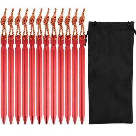 BUNTHAUS 12Pcs Piquets de Camping Triangulaires Léger, 18cm Enjeux de Tente en Alliage d'Aluminium de Y Rouge, Piquets de Tente en Métal avec Corde Réfléchissante Sac de Cordon pour Plein Air Voyage P (1/5)