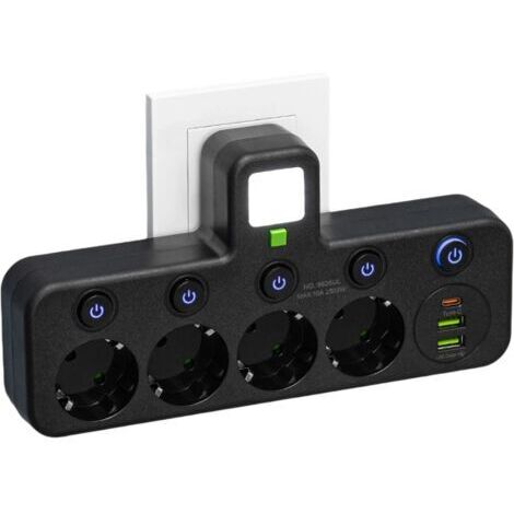 BUNTHAUS Multiprise Murale avec 4 Prises EU, 2 Ports USB, 1 Port Type C, Interrupteurs Individuels (4 Prises Noir) (1/5)