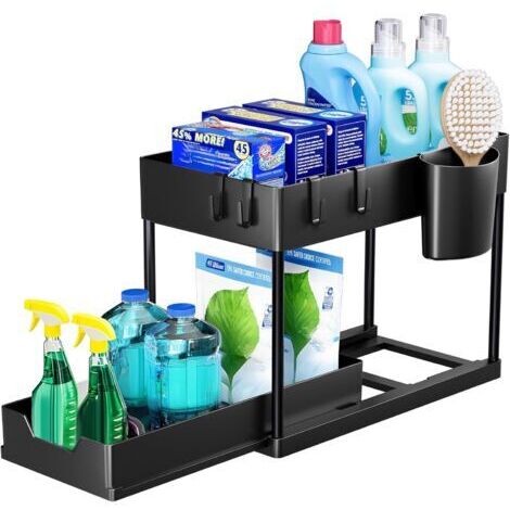 BUNTHAUS Lot de 1 Rangement sous Évier à 2 Étages, Organisateur Cuisine avec Tiroirs Amovibles, Rangement Coulissant sous Évier, Organisateur Placard, Étagère, Panier Coulissant pour Cuisine Noir (1/5)
