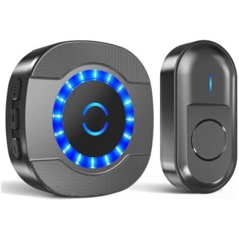 BUNTHAUS NoirSonnette sans Fil Exterieur Étanche, 300M Sonnette Longue Portée avec Récepteurs Enfichables, Carillon Electronique Kit pour la Maison, LED Bleu, 55 Mélodies, 5 Niveaux Volumes (1/5)