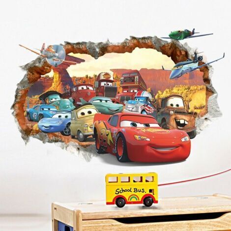 BUNTHAUS 3D Mur Endommagé Dessin Animé Voitures Avions Stickers Muraux, Chambre des Enfants Pépinière Autocollants Amovibles, Ensoleillé